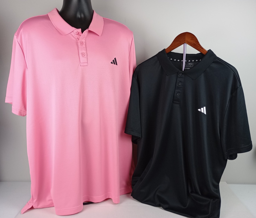 Lot of 2 Adidas Aeroready Men's 2XL Golf Short Sleeve Polo Shirts Black Pink